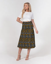 Load image into Gallery viewer, Black Yellow Bogolan African Print Women&#39;s A-Line Midi Skirt