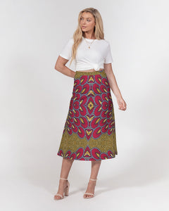 Red Gold African print Women's A-Line Midi Skirt
