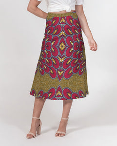 Red Gold African print Women's A-Line Midi Skirt
