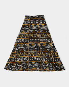 Black Yellow Bogolan African Print Women's A-Line Midi Skirt