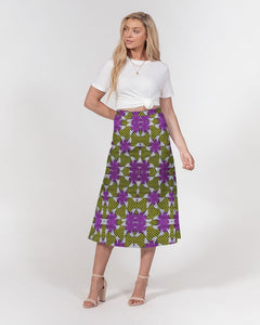 Yellow purple African Print Women's A-Line Midi Skirt