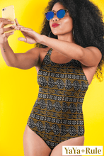 Load image into Gallery viewer, Black Yellow Bogolan African Print One-Piece Swimsuit YaYa+Rule