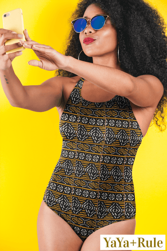 Black Yellow Bogolan African Print One-Piece Swimsuit YaYa+Rule