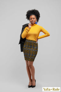 Black Yellow Bogolan African print Pencil Skirt YaYa+Rule