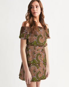Green Brown Flower African print Women's Off-Shoulder Dress YaYa+Rule