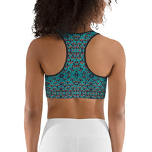 Load image into Gallery viewer, Teal Black Feather African Print Sports bra YaYa+Rule