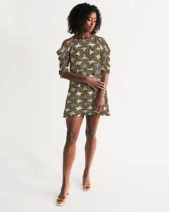 Yellow Brown African Print Women's Open Shoulder A-Line Dress YaYa+Rule
