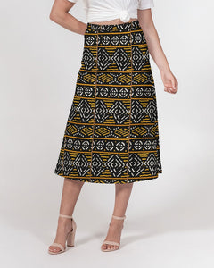 Black Yellow Bogolan African Print Women's A-Line Midi Skirt